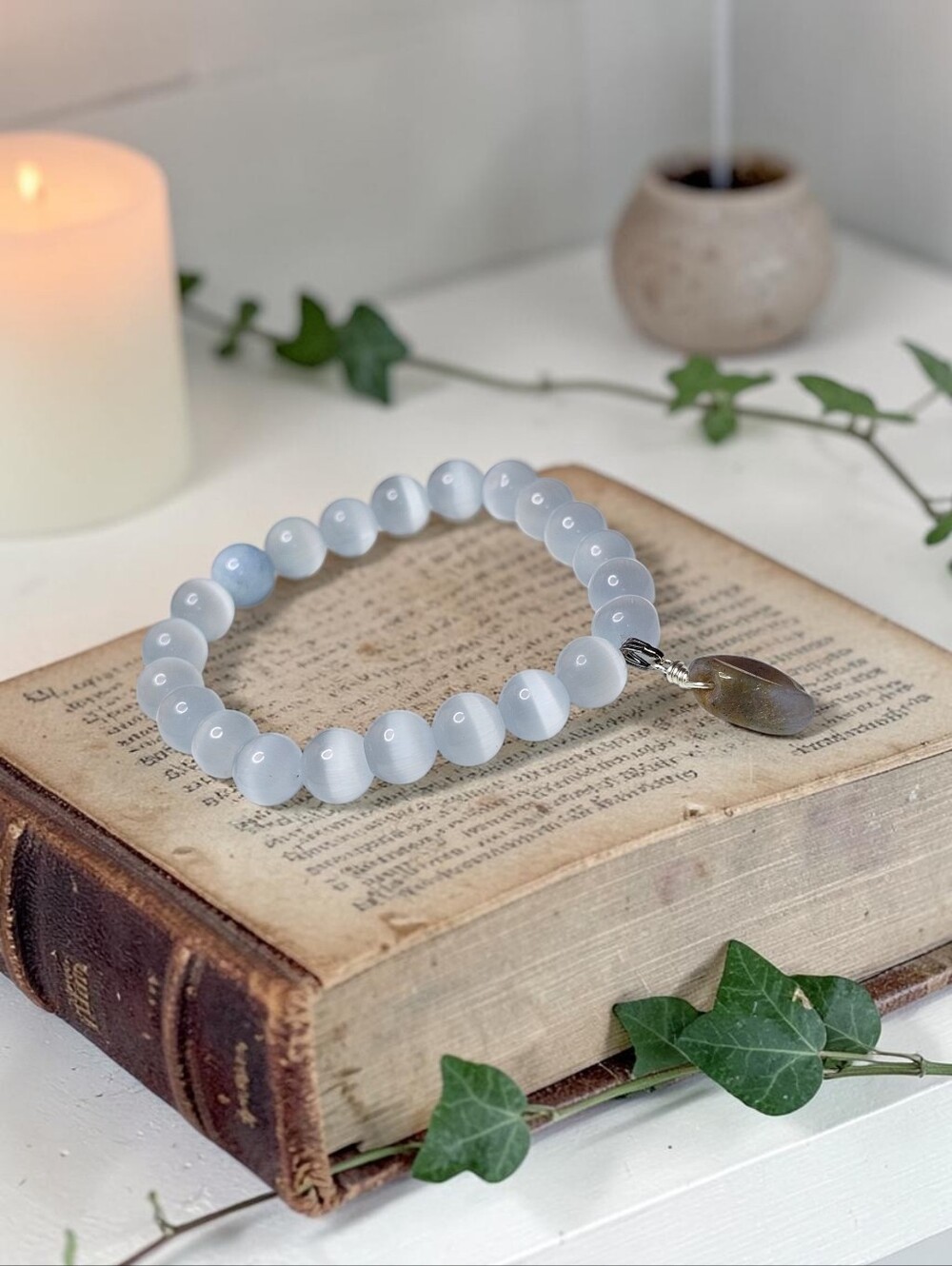 Crystal Pendant Light Aquamarine Beads And Sunstone Stretch Bracelet Hand Made